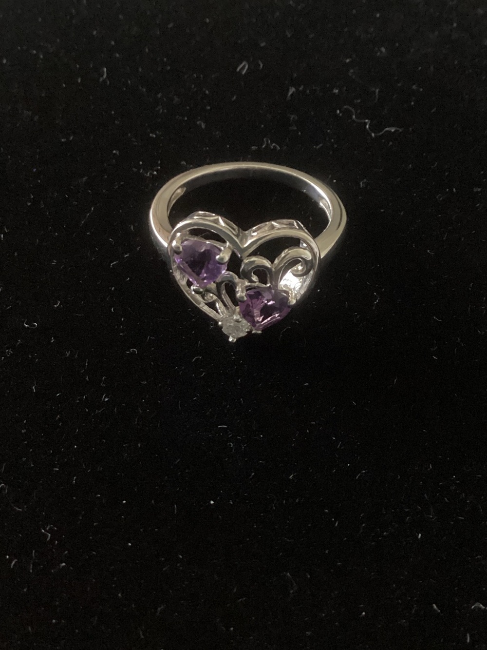 Sterling Silver Heart Ring with Purple Gemstones
